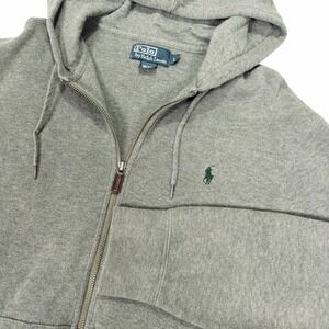 Vtg Polo Ralph Lauren Full Zip Hoodie Large Jacket Grey Green Pony Leather